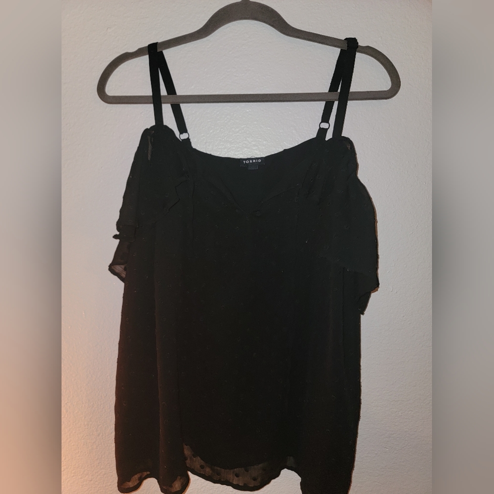 TORRID Black cold shoulder mesh shirt.